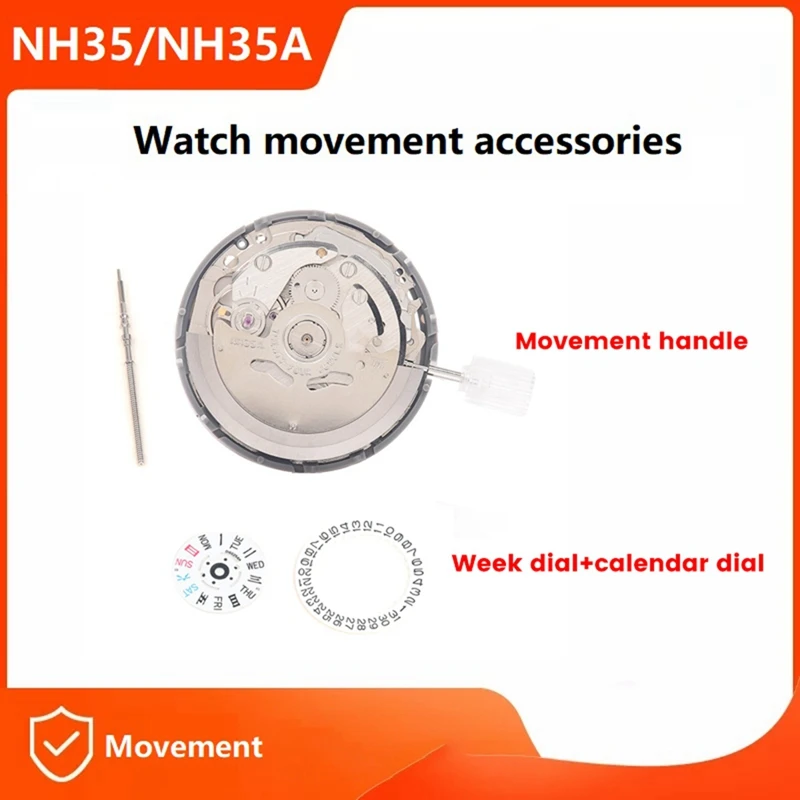 NH35/NH35A Movement+Movement Steel Stem+Week Dial+Calendar Dial Kit High Accuracy Automatic Mechanical Watch Movement