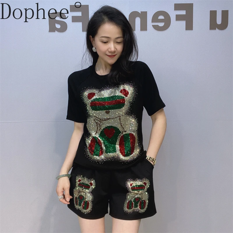 Fashion Summer Women Two-piece Set Cartoon Hot Drilling High Stretch Short Sleeve T-shirt Top + Loose A-line Shorts Casual Suits