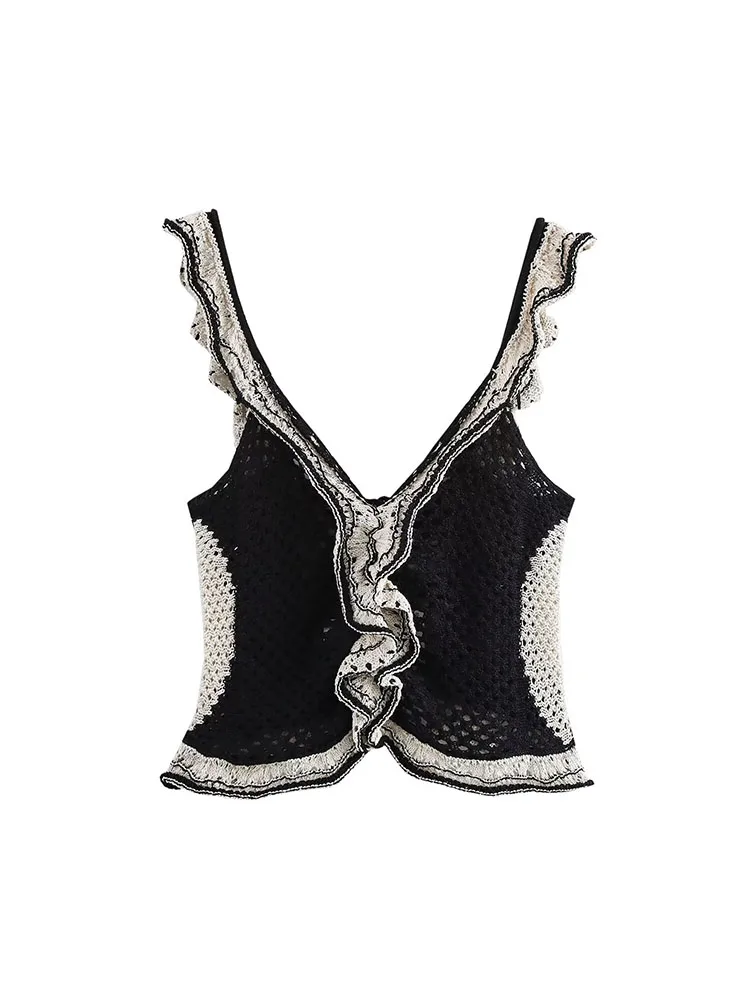 Black and white contrast knitted camisole vest for women with hook flower hollow design, summer temperament hot girl style, ear-