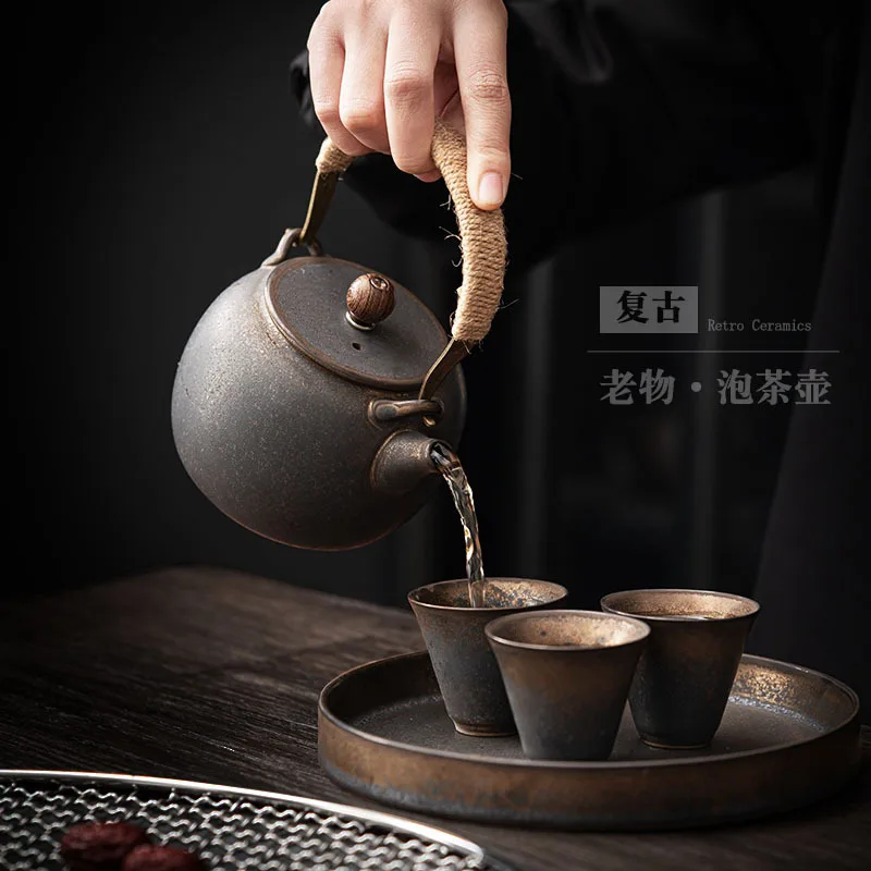 Japanese-style household retro ceramic beam pot teapot large-capacity tea brewing tea set Kung Fu tea set accessories