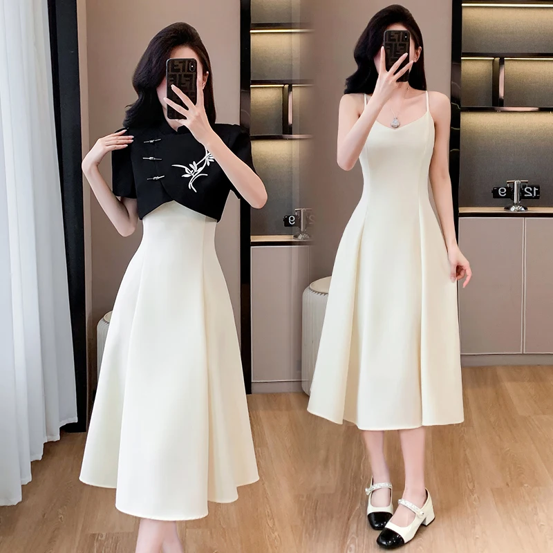 Summer Two-piece Set For Women China Embroidery Vintage Tops And Long Sling Dress Female Large Size Black White Matching Suits