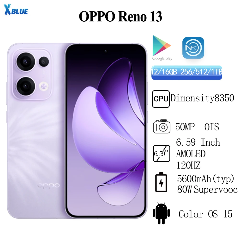 OPPO Reno 13 Dimensity 8350 Octa Core Battery 5600mAh 80W SuperVOOC 50MP Rear Camera 6.59 Inch AMOLED 120Hz OTA NFC IP69