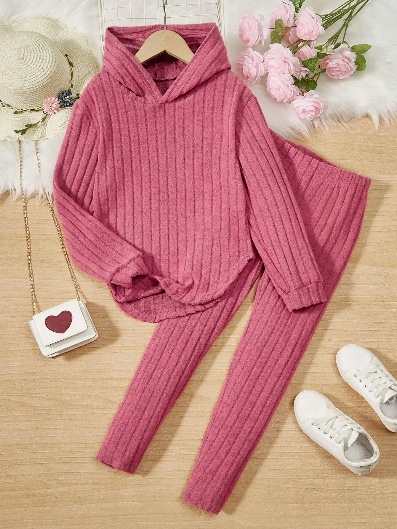 7-13 Year Old Girl\'s Autumn Outfit Pit Stripe Long Sleeved Hooded Top+Casual Pants Girl Spring And Autumn Two-Piece Set