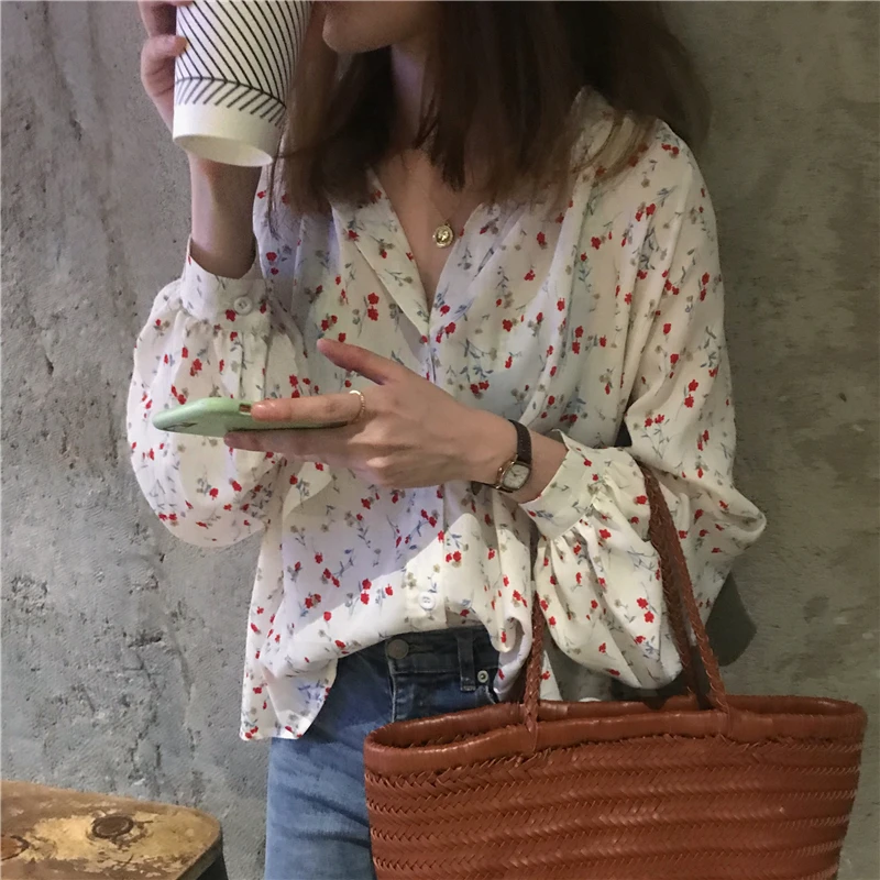 

Summer New Vintage Small Floral Lace Long Sve Women's Design Loose Slim Lantern Sve irt Straight Tube All Match
