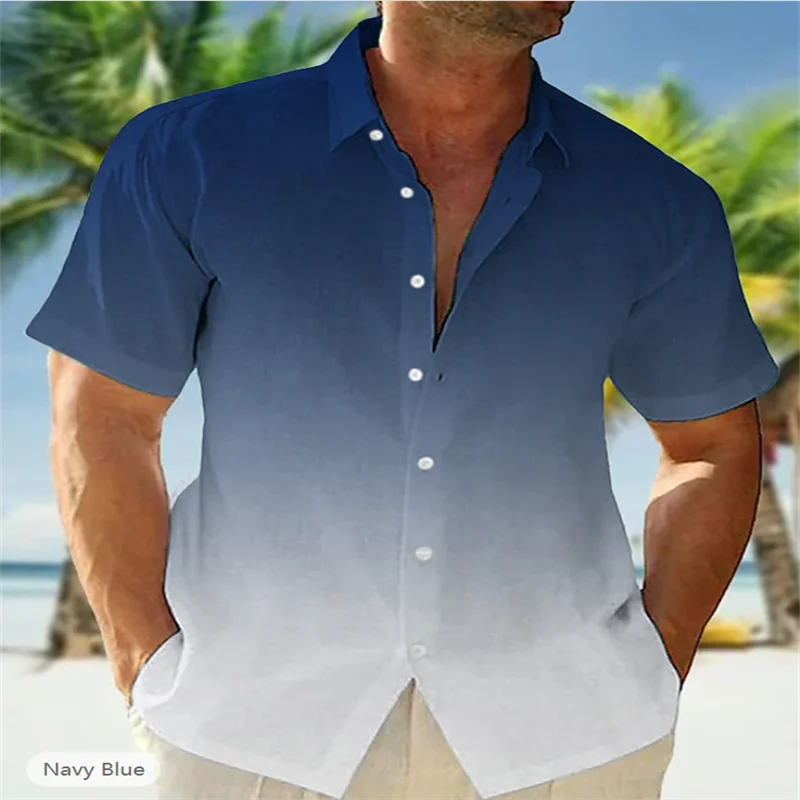 Camisa de botão casual masculina, camisa de praia, lapela gradiente, manga curta, roupa diária, roupa de verão