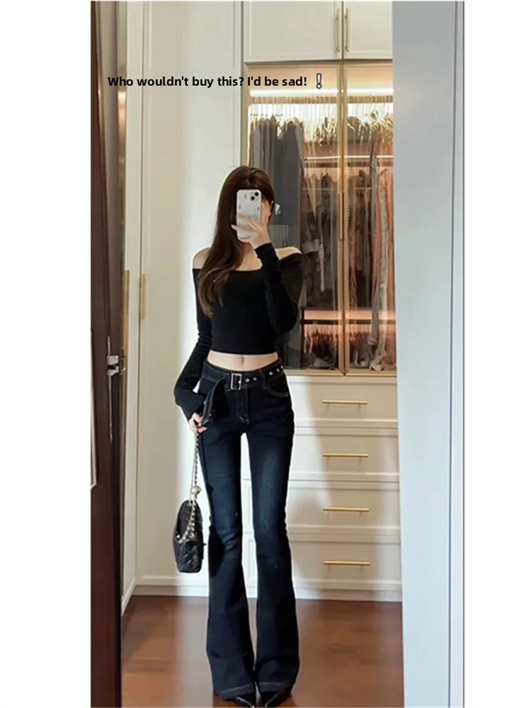 

American Retro Extended Low Waist Flared Jeans Women Summer Thin Vibe Floor-Length High Street Deep Color Long Pants