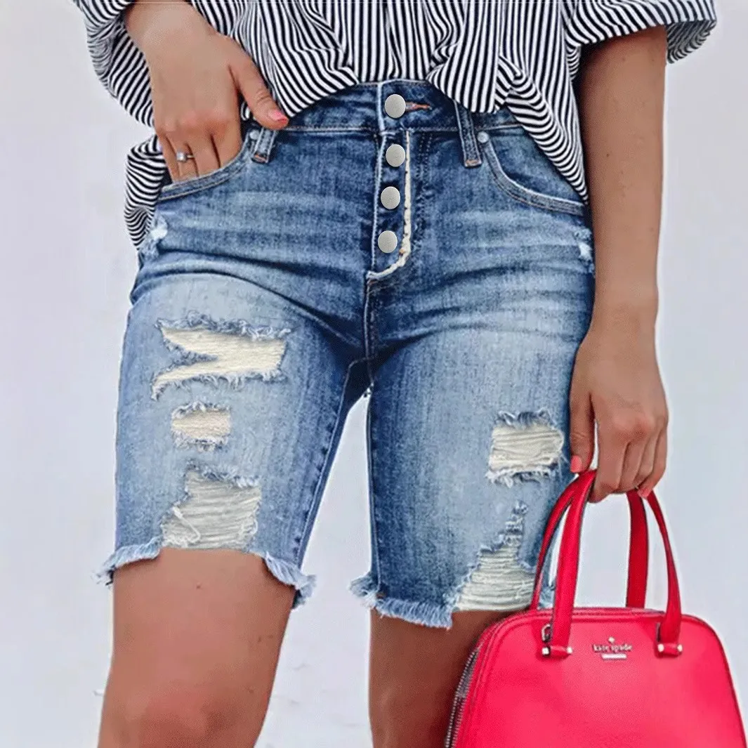 Summer denim shorts 2026 new fashionable women's perforated elastic denim jeans