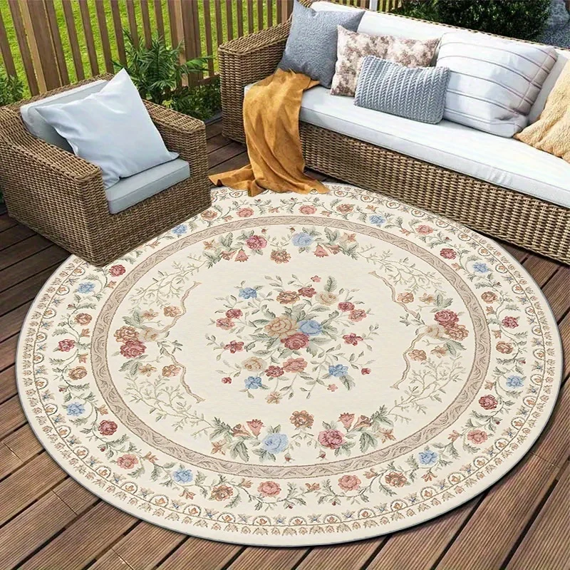 Luxury Round Floral Area Rug Polyester Washable Bohemian Cottage Vintage Style Mat Perfect for Living Room Bedroom Decor Entrywa