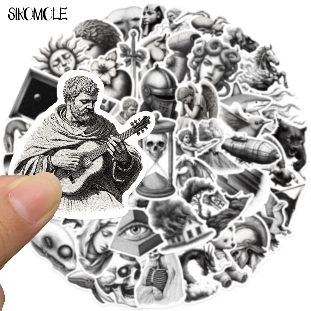 10/30/50PCS Retro Sketch Black And White PVC Stickers Aesthetic Art DIY Decoration Toy Kids Travel Luggage Graffiti Sticker Pack