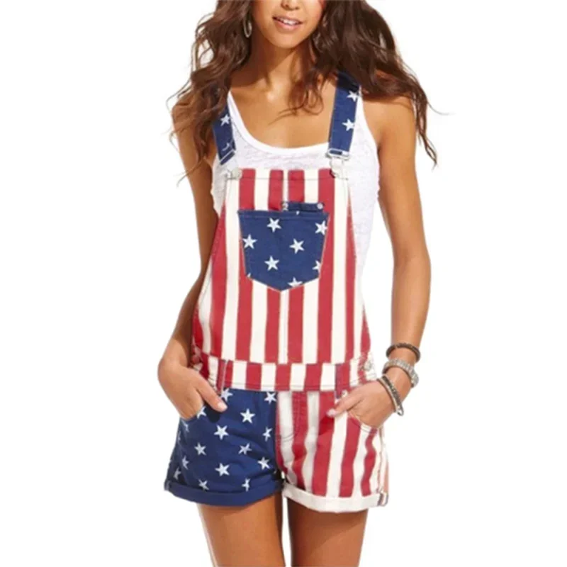 

New Independence Day Flag Motifs Strap Pants Women Large Pocket Jumpsuit Shorts Female Rompers One-piece Pants Holiday Clothing