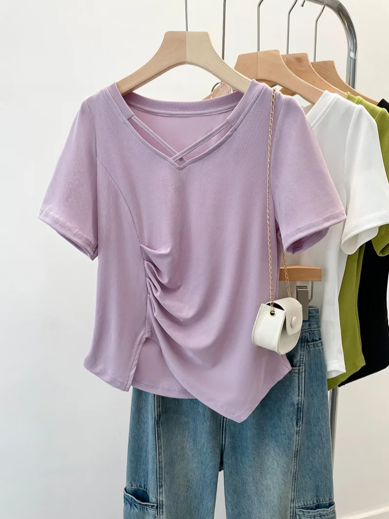 Top de talla grande para mujer, camiseta de manga corta Irregular, arrugada, con cuello en V, diseño francés, tiro Real, 2024