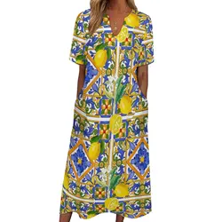 Fruit Print Dress Summer Oranges And Lemons Street Wear Bohemia Long Dresses Woman Graphic Elegant Maxi Dress Big Size 4XL