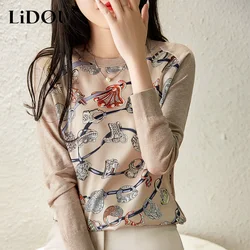 2023 frühling Herbst Neue Mode Druck Rundhals Langarm Stricken Pullover Frauen Elegante Koreanische Stil Alle-spiel Tops