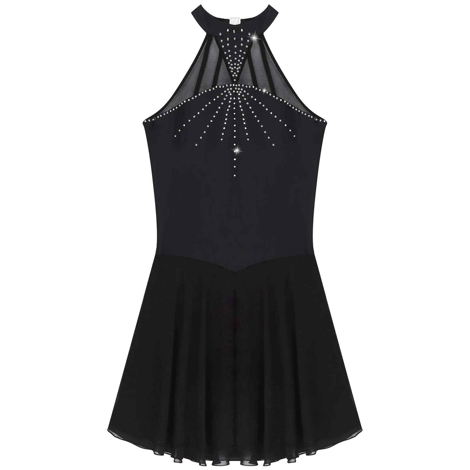 Women's Sleeveless Lyrical Ballet Dance Dress Illusion Mesh Rhinestone Leotard Dresses Latin Jazz Dancewear Gymnastics Leotard