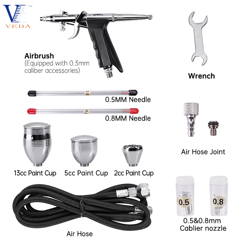 0.3mm Airbrush Kit With 0.5/0.8mm Needle & Nozzle Hose Accessories for Nail Art Model Spray Painting Cake Dual Action Air Brush