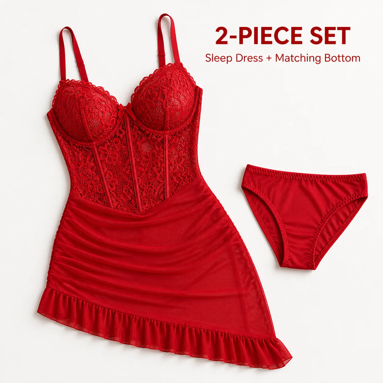 Women's Transparent Lace Lingerie Nightdress with Matching Panties, Ruched Ruffle Hem Babydoll Sleepwear, Four Colors S-XL - view 5
