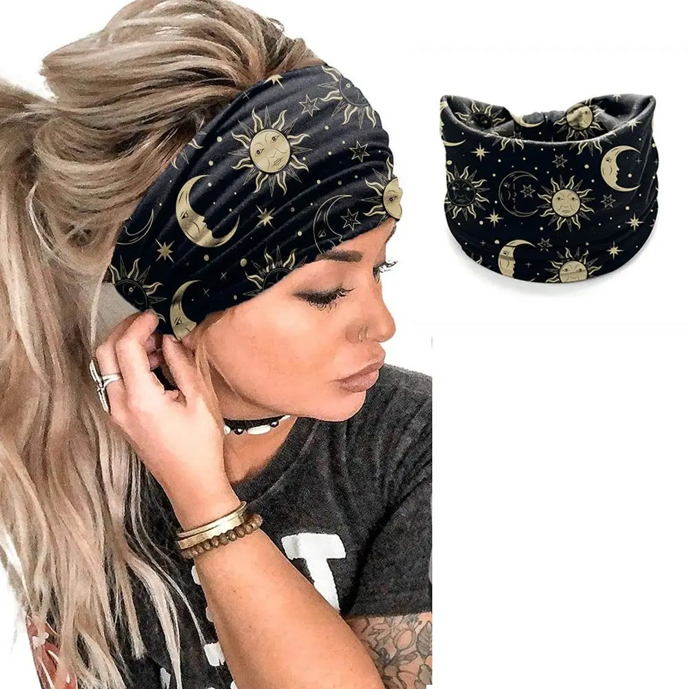 New Elastic Wide Headbands Vintage Knot Flower Print Printed Headscarf Wide Brim Boho Soft Bandana Women