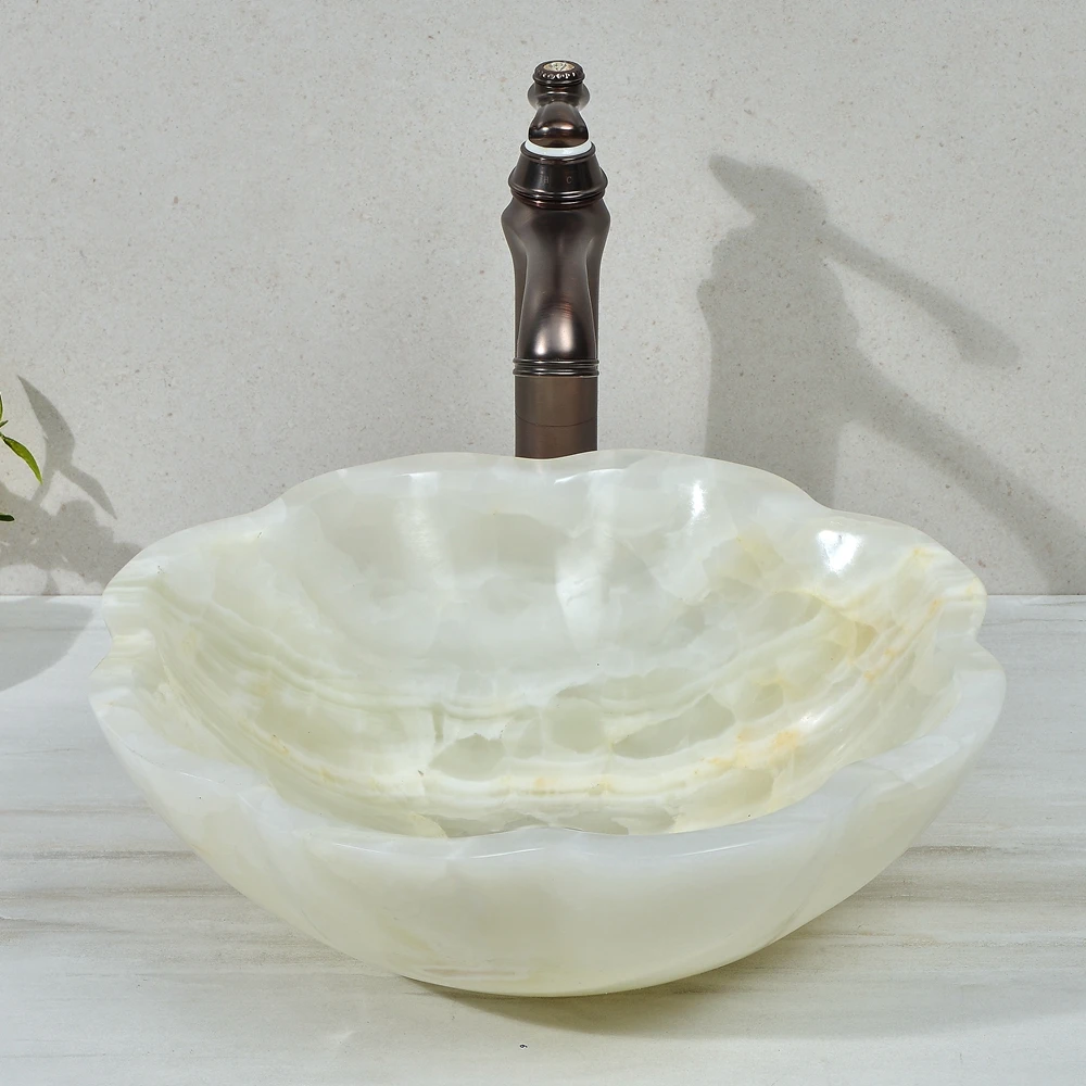 %r Luxury White Onyx Marble Stone Wash Basin Home Decor Washroom Flower Shape Art Vessel Sink Vanity Table Top Sink Basin