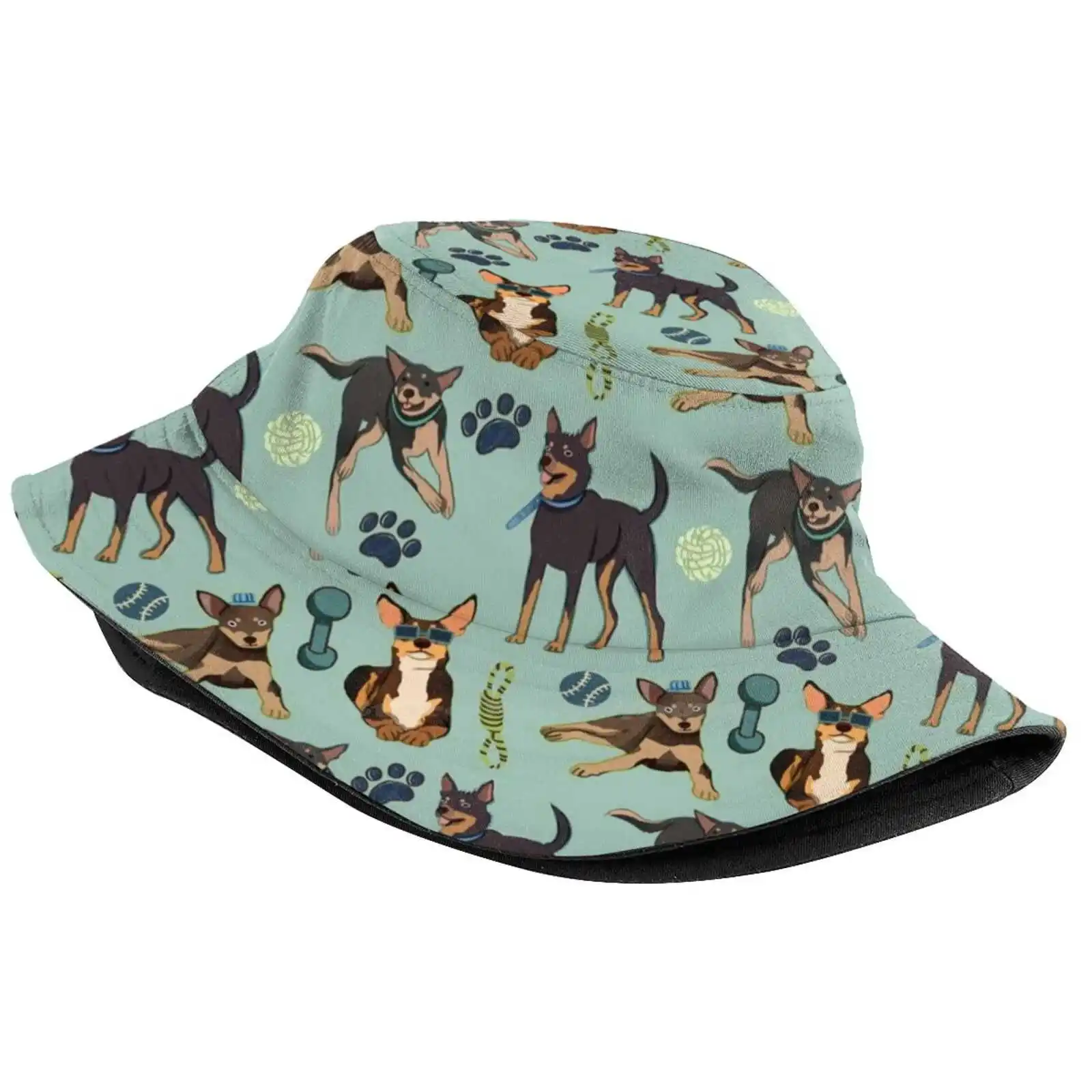 Australian Kelpie - Cute Tan And Black Dog Illustration Pattern Foldable Panama Bucket Hat Cap Tan White Black Mint Blue Teal