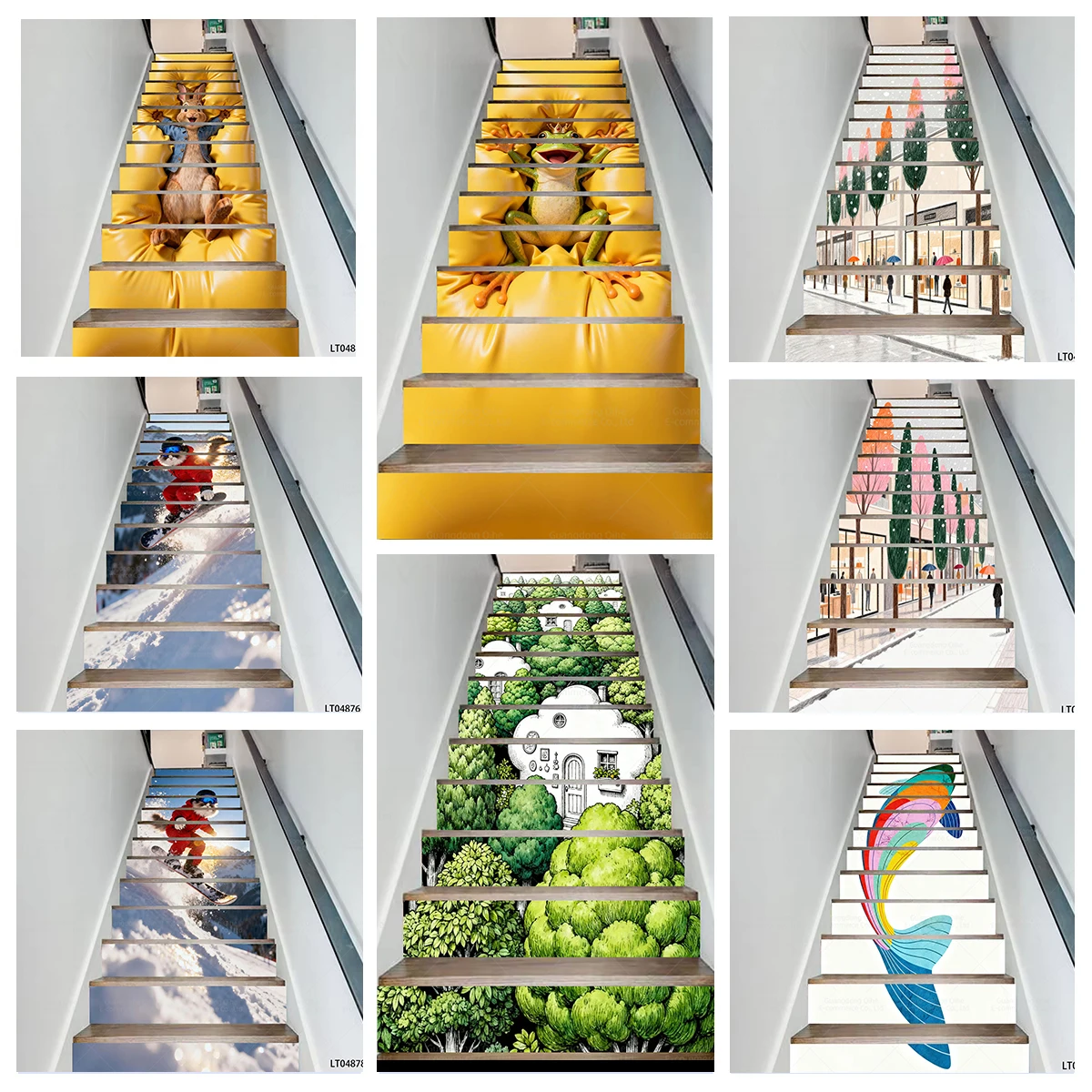 

3D Peter Rabbit, Ski Scene & Winter City Street View PVC Stair Stickers, Waterproof Wear-Resistant Home Decorative Decals