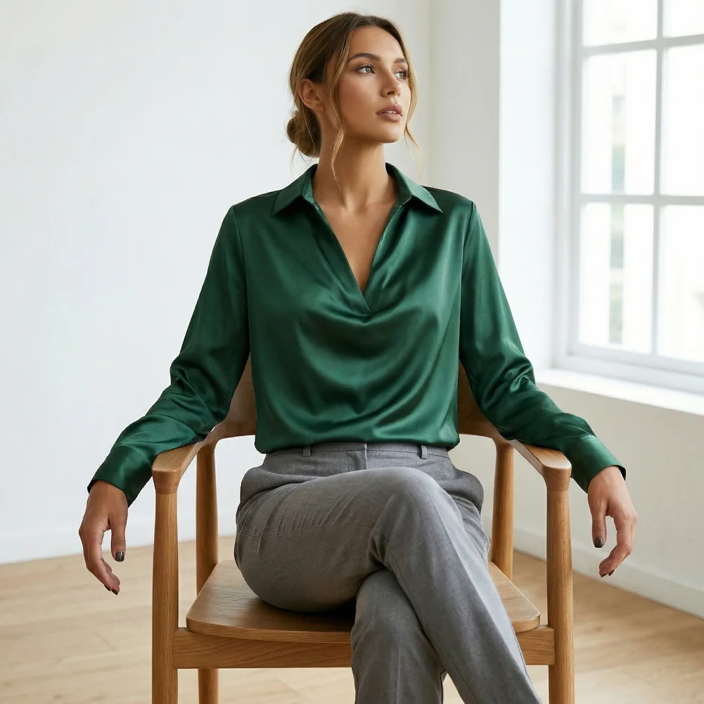 

Smooth Satin Shirt Solid Color V-Neck Long Sleeve Blouse Minimalist Spring Summer Shirt for Elegant Casual Office Lady Shirt
