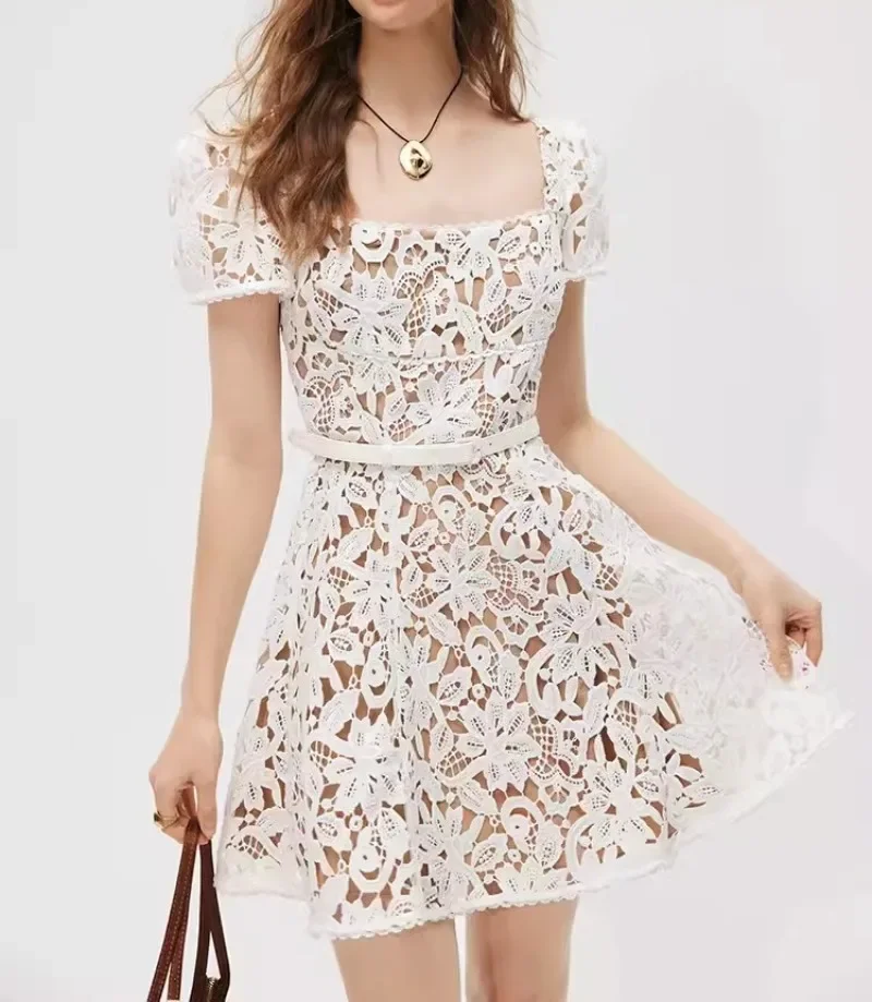 

Chic White Lace Dress Women Summer with Belt Streetwear Holiday Party Mini Dresses Bodycon Square Short Sleeve Vintage Vestidos