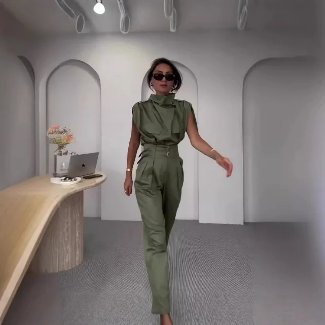 Summer Women's Turtleneck Sleeveless Vest Patch Set, Pullover Work Pants Fashion Matching Set, Pocket Fashion Simple Women Suit