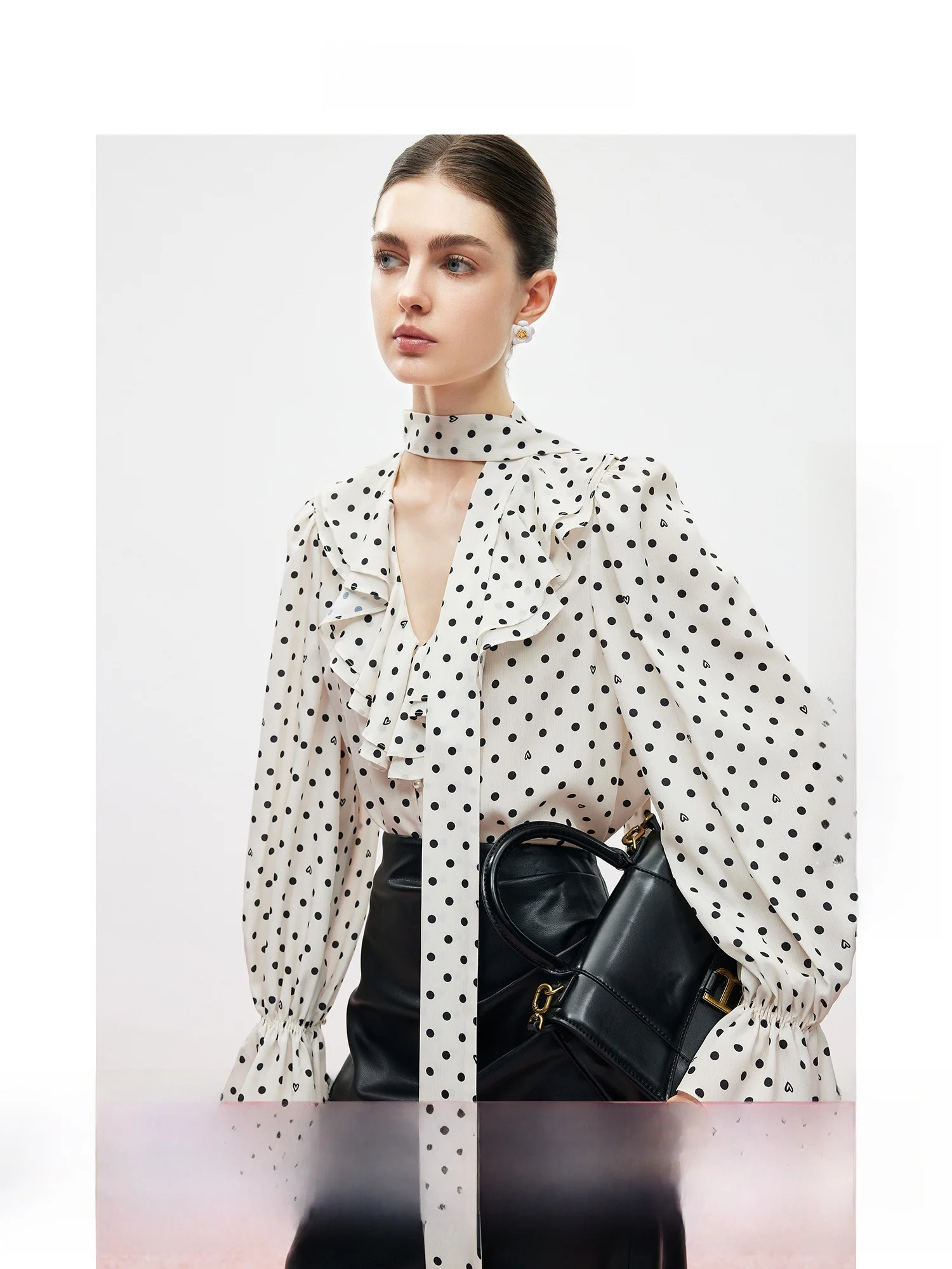 MandyZhang Vintage Polka Dot Shirt with Sash Long Sleeve Knot Elegant Black White Checkered Women's Premium Top