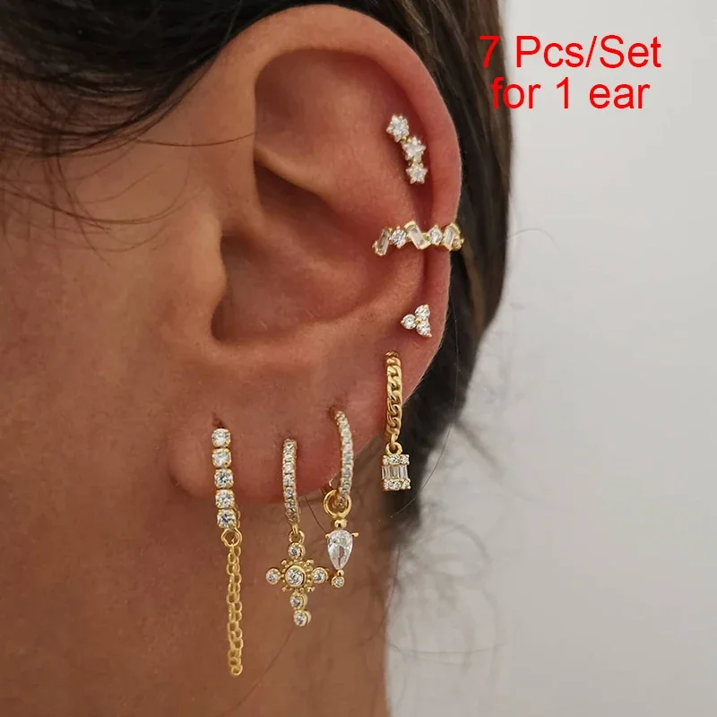 

CRMYA 3-8pcs Earrings Set for Women Gold color Cubic Zirconia Fashion Hoop Stud Clip Dangle Earrings Women Jewelry Accessories