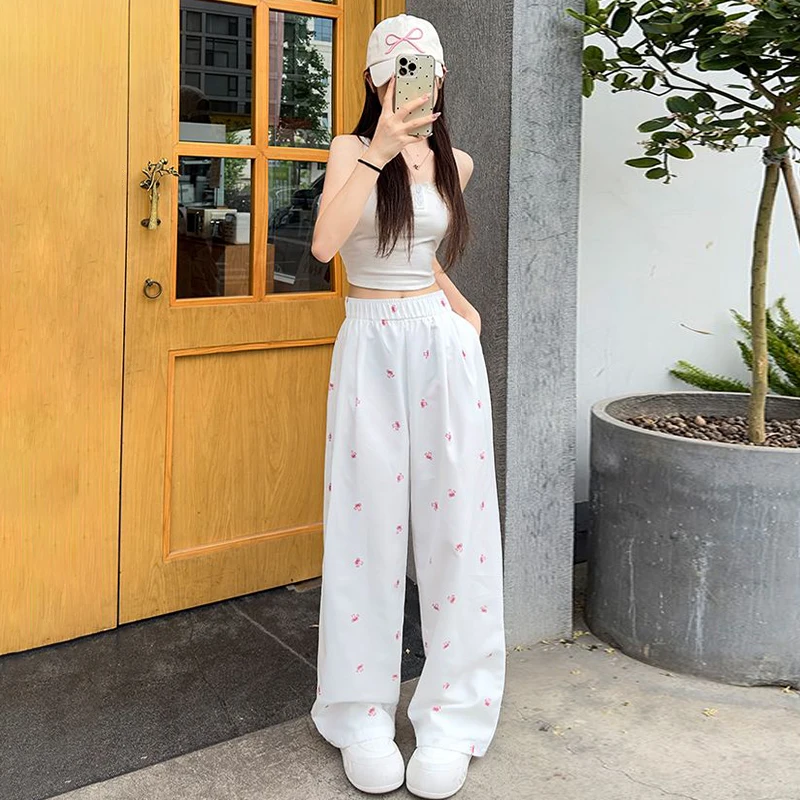 Korean Style Fashion Casual High Waist White Floral Yamamoto Pants For Women