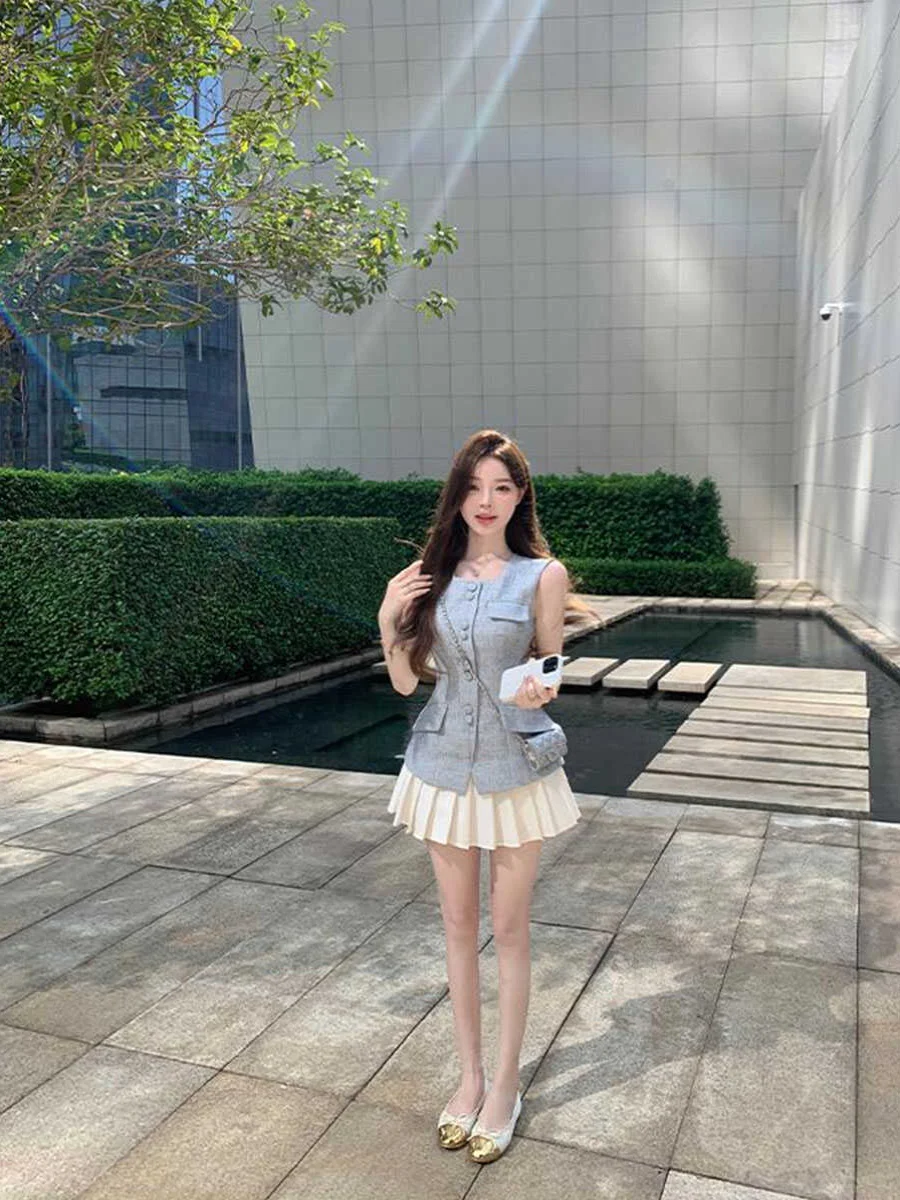 

Small Fraance Sle Set Women's Spicy Girl High-End Sensation Waist-Cinching Svel Blue Vest Skirt f-length Pleated