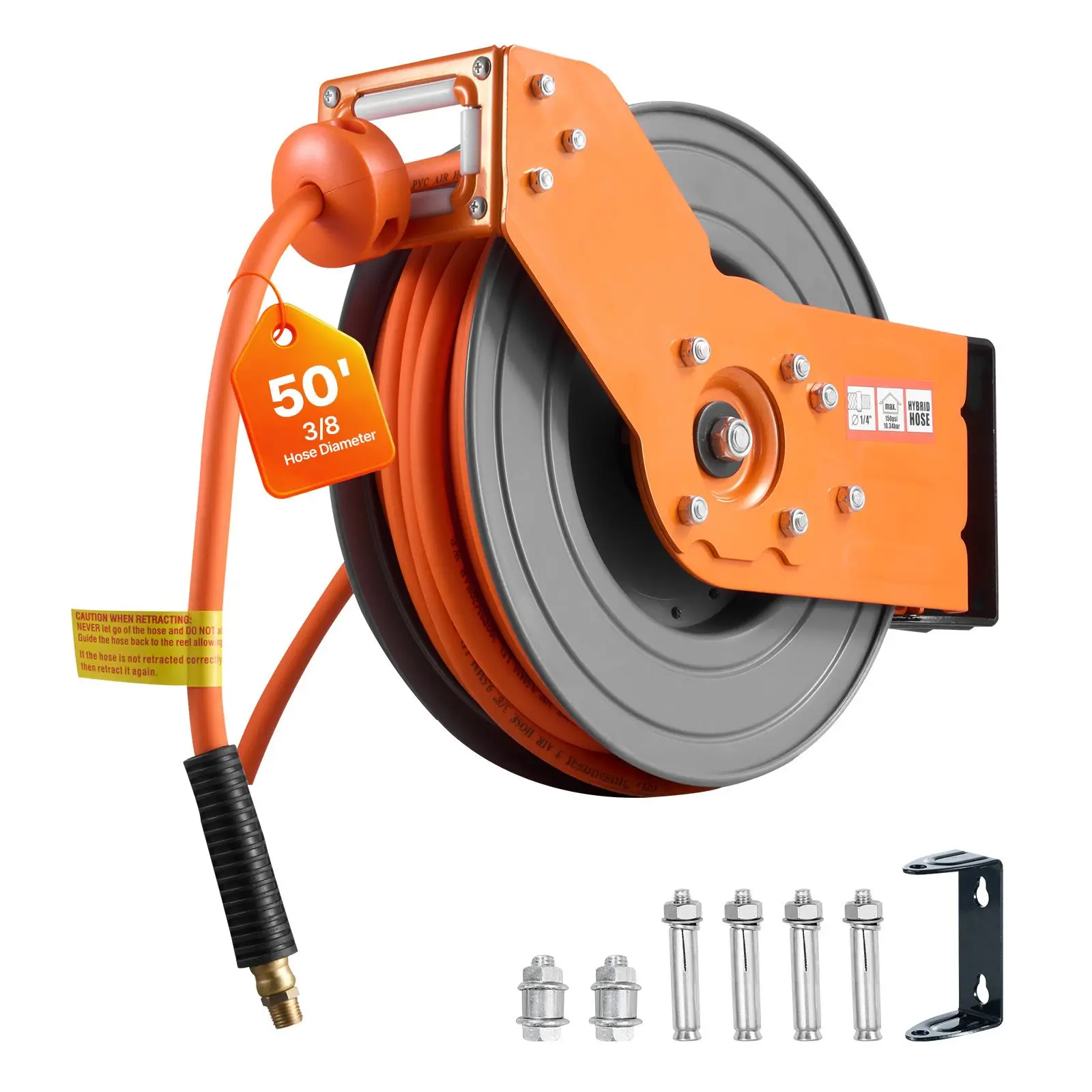 Retractable Air Hose Reel, 3/8 Inch X 50 FT Hybrid Air Hose Max 300PSI, Auto Rewind Air-Compressor Hoses Reel with 5 Ft Lead In