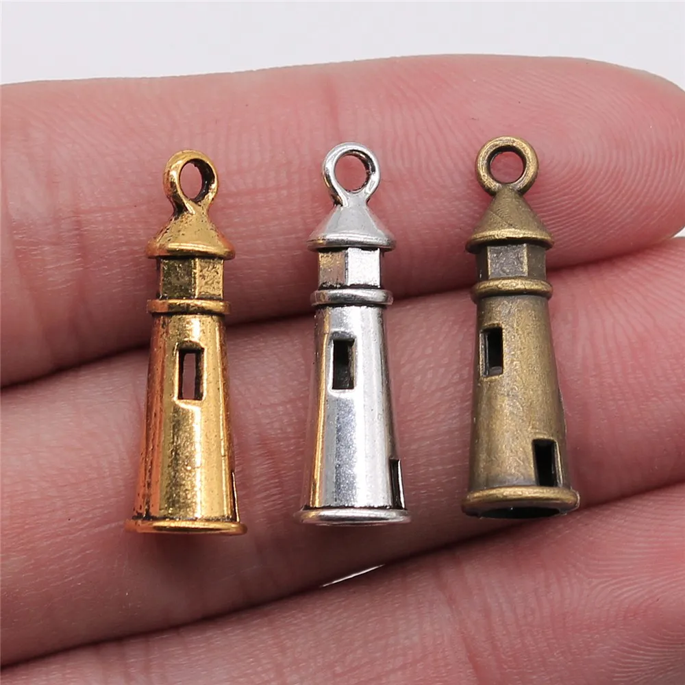 WYSIWYG 10pcs 25x8mm Charms Hollow 3D Lighthouse Antique Making Pendant Fit DIY Handmade For Jewelry Making