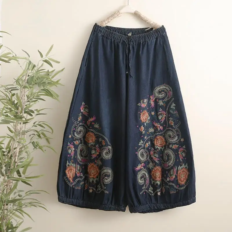 2025 Summer Ladies Embroidered Baggy Jeans Women Retro Embroidery Denim Trousers Vintage Females Elastic High Waist Harem Pants