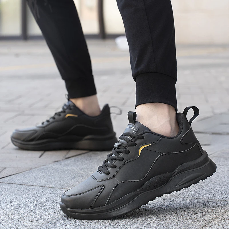 Men PU Leather Running Sneaker Lace-up Fitness Sport Light Comfortable Breathable Black Walking Shoes Tenis Size 39-46