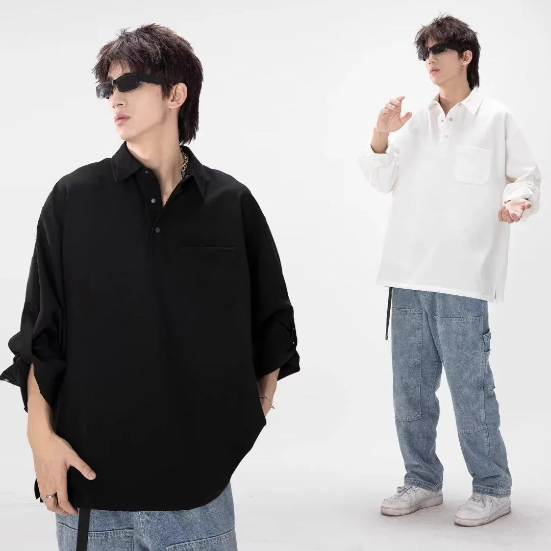 Man Long Sleeved Shirt Clever New Chaopai Self-control Shirt Pocket Decorative Feeling Pi Shuai Design Loose Fitting Lovers Tops