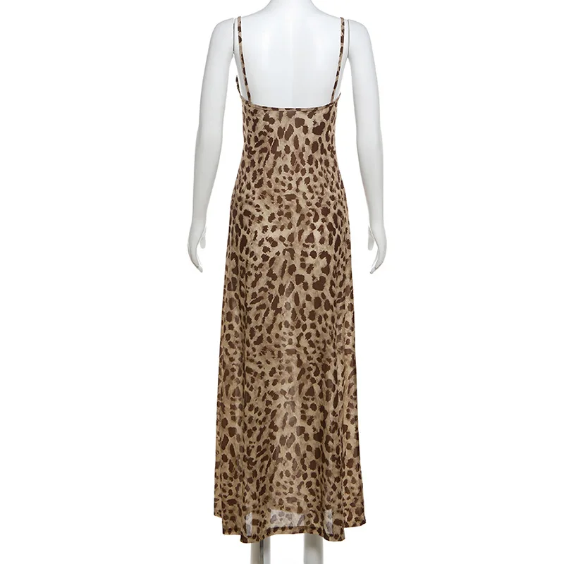 Otoño Invierno estampado de leopardo espalda descubierta Y2K Maxi Vestido Sexy fiesta Club trajes mujeres sin mangas cuello pico ceñido vestidos Vestido