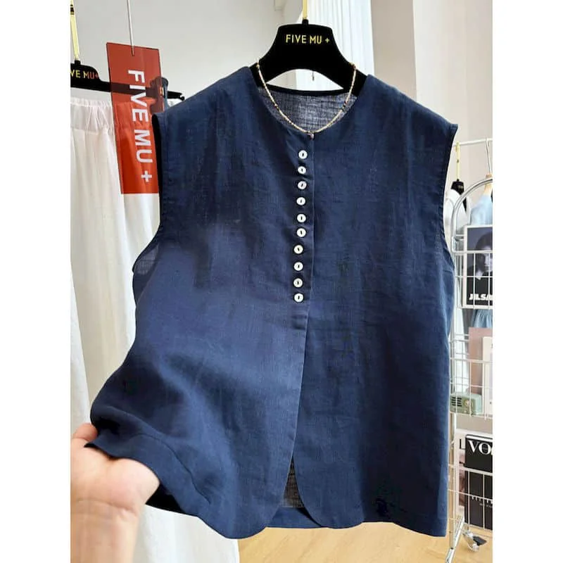 

Elegant Vest O-neck Soild Casual Korean Style Sleeveless Cropped Belt Design Single Breasted Shirts Summer Sale Women Clothing