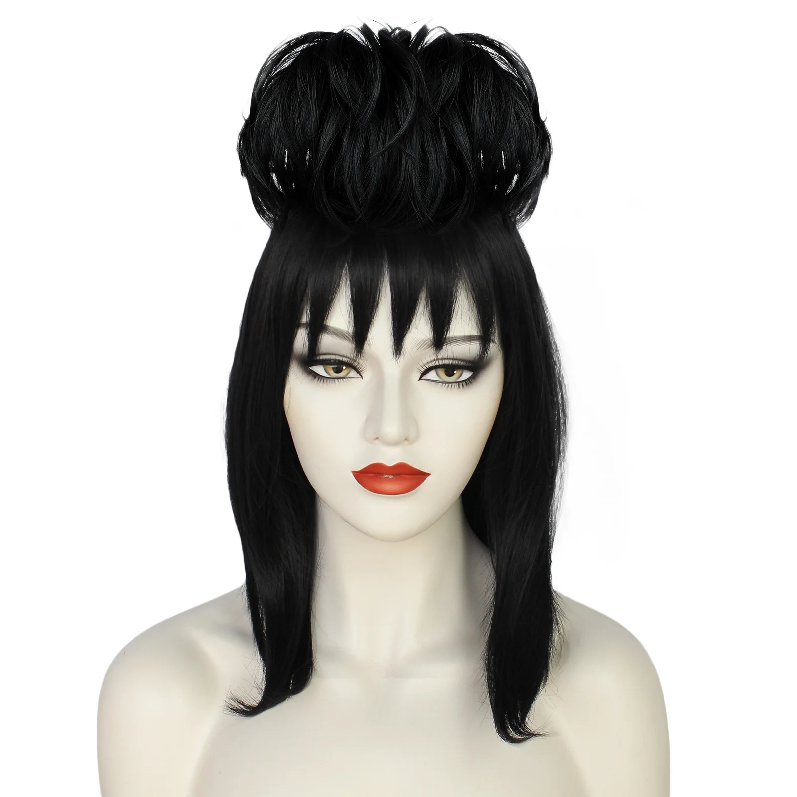 Peluca de Cosplay de Lydia Deetz para mujer, juego de rol de 45CM, pelo liso sintético negro para fiesta de Carnaval de Halloween