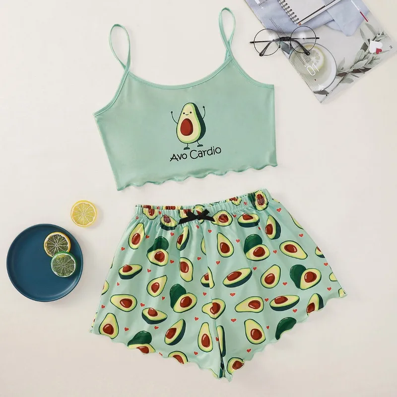 Vulgar Sleepwear Women Avocado Print Halter Top Student Pajamas Homewear Two-Piece Fancy Underwear Ladies Sexy Nightwear Set