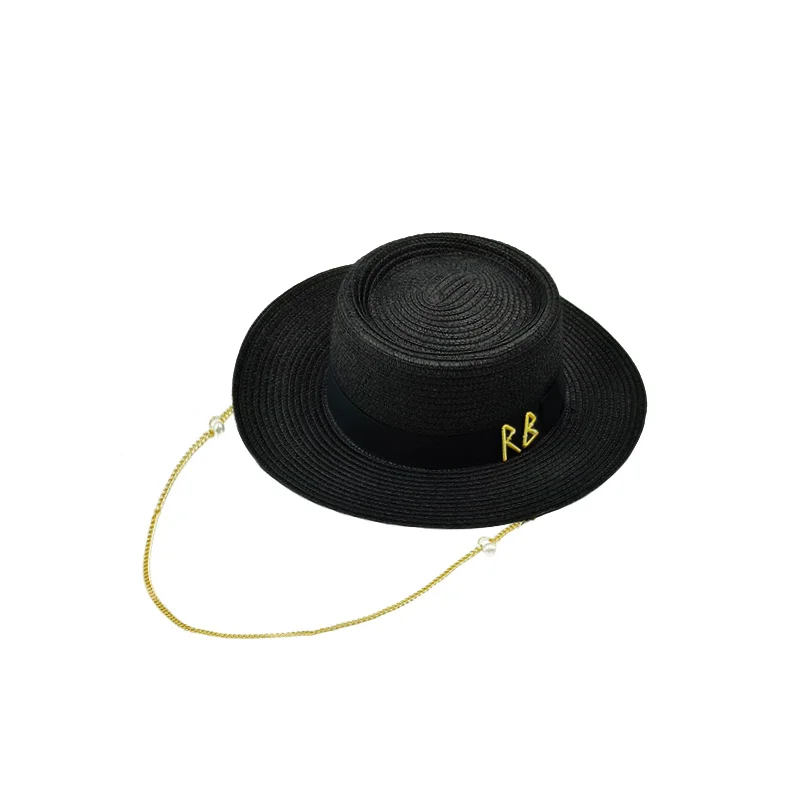RB Chain Straw Hats for Women Ribbon Decoration elegant hat ladies sun hat beach basin hats Spring summer Chapeau Femme panama
