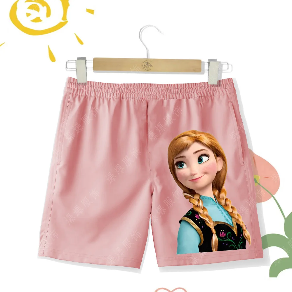 2024 New Disney Collection Girls Beach Shorts Kawaii 2d Anna Print Summer Casual Sports Shorts Vacation Beach Shorts