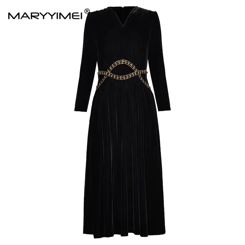 MARYYIMEI Fashion Designer Spring Autumn Women's dress V-neck Long sleeved Slim Chain Folds Velvet Dresses