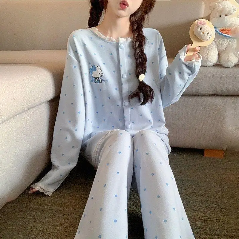 

Sanrio Hello Kitty Women's Cardigan Plush Pajama Set Autumn Winter Cute Kawaii Student Wearable Home Loungewear Sleepwear