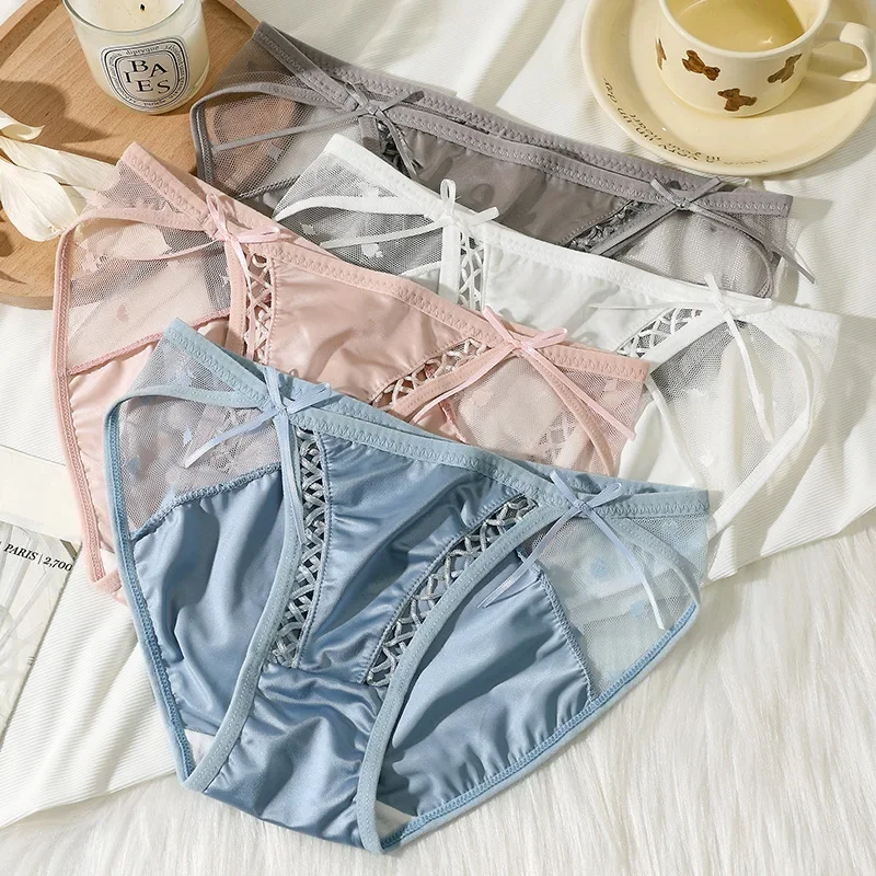 Bragas ahuecadas de encaje para mujer, ropa interior Sexy con lazo de cintura baja, lencería de hilo G, seda de hielo, transpirable, 2024