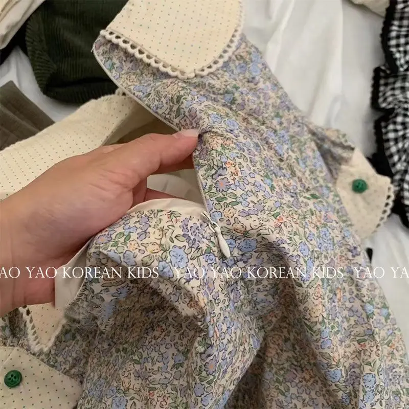 Baby Girls Dress Fashion Loose Floral Peter Pan Collar Sweet 2024 Autumn New Korean Style Childrens Dress