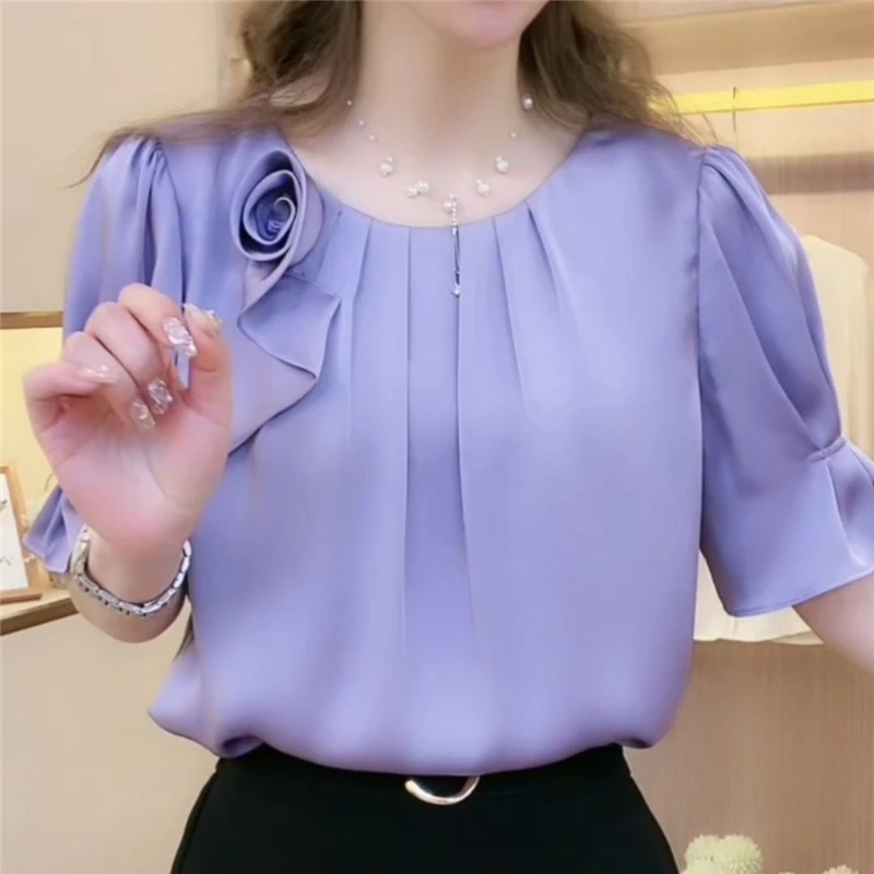 Damen bekleidung gekräuselt 3d flowerl elegante schicke Blusen Sommer mode solide o Hals Kurzarm hemden blusa mujer moda 2023