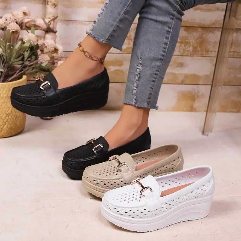 Soft Thick Bottom Height Increase White Loafers Women 2026 Summer Hollow Out Wedge Heel Pumps Women's Comfortable Nursing Shoes