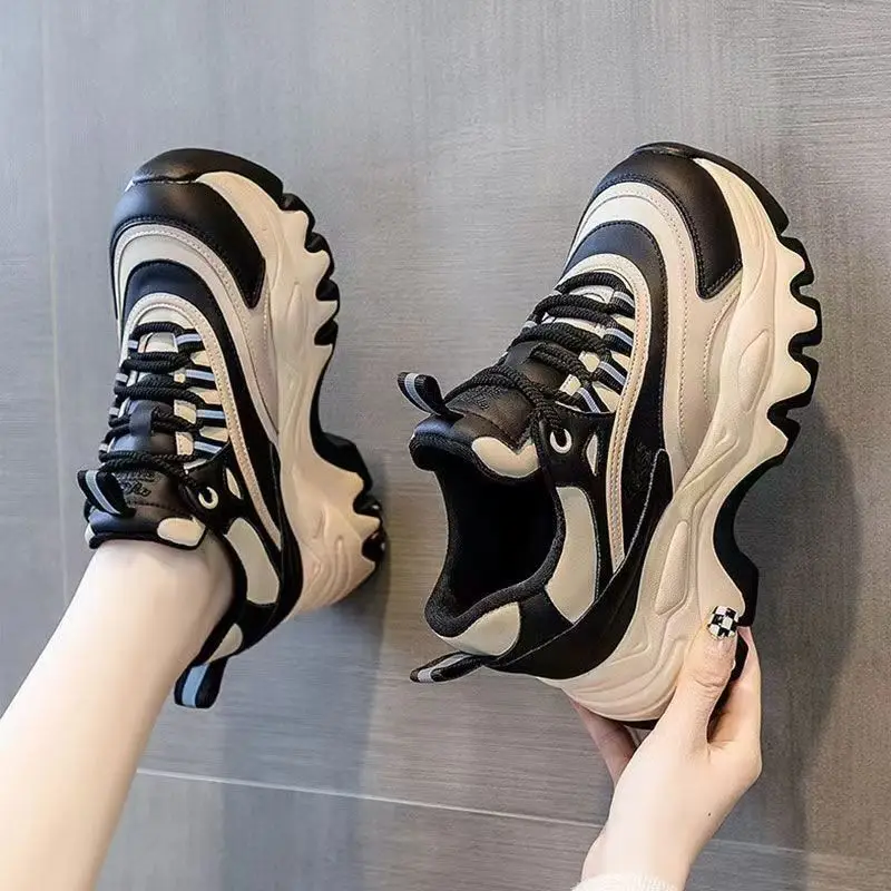 Women Casual Shoes 8CM Fashion Height Increasing Thick Bottom Spring Platform Leather Woman Chunky Sneakers zapatos de mujer