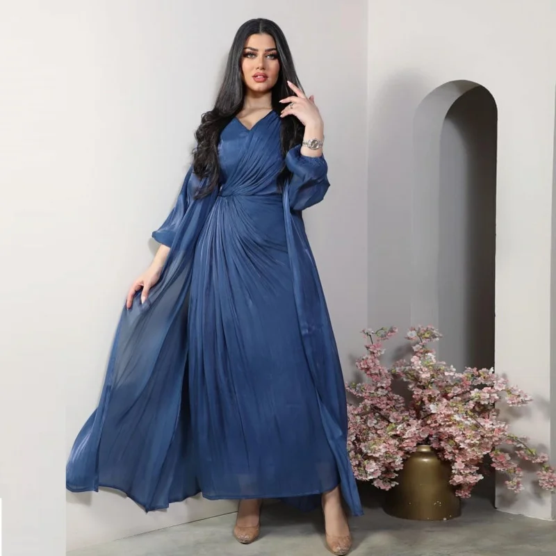 Moslim Vrouwen Kleding Zijde Satijn Eid Ramadan Abaya 2 Delige Set Kaftan Kebaya Marokkaanse Abas Dubai Luxe Islamitische Kaftan Femme